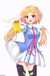  1girl aki_rosenthal alcohol bangs beer black_legwear blonde_hair breasts commentary detached_hair eyebrows_visible_through_hair fuenyuan hair_ornament highres holding hololive long_hair looking_at_viewer open_mouth parted_bangs simple_background smile solo thigh-highs twintails violet_eyes virtual_youtuber white_background 