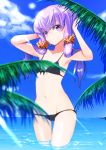  1girl bikini black_bikini blush collarbone commentary_request day eyebrows_visible_through_hair flat_chest hair_ornament highres in_water long_hair looking_at_viewer navel ocean outdoors pon_(shind_997) purple_hair smile solo swimsuit violet_eyes vocaloid yuzuki_yukari 