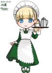  1girl alternate_costume bangs blonde_hair blue_eyes blunt_bangs bobokuboboku character_name chibi coffee_pot commentary_request cup dated dress dress_lift enmaided full_body green_dress green_footwear kantai_collection lifted_by_self long_hair maid mary_janes one_side_up shin&#039;you_(kantai_collection) shoes simple_background smile solo standing tray twitter_username white_background 