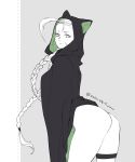  1girl :&lt; ahoge animal_hood antenna_hair arched_back ass bottomless braid breasts cammy_white cat_hood commentary_request facial_scar highres hood huge_ahoge leaning_forward long_hair looking_at_viewer looking_back no_panties scar scar_on_cheek solo spot_color street_fighter thigh_strap tombsakura twin_braids twitter_username 