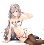  1girl arm_support armpits azur_lane bangs bed_sheet black_legwear blue_butterfly bra breasts butterfly_hair_ornament collarbone dunkerque_(azur_lane) full_body grey_hair hair_ornament long_hair looking_at_viewer medium_breasts midriff navel panties pink_eyes rizzl serious sidelocks sitting smile solo swept_bangs thigh-highs thighs underwear underwear_only very_long_hair white_bra white_panties yokozuwari 