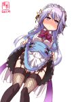  1girl artist_logo blue_dress blush commentary_request cosplay dated dress dress_lift feet_out_of_frame fishnet_legwear fishnets flower_knight_girl from_below garter_straps highres ipheion_(flower_knight_girl) ipheion_(flower_knight_girl)_(cosplay) kanon_(kurogane_knights) kantai_collection lifted_by_self look-alike maid_headdress purple_hair revision short_hair simple_background solo thigh-highs white_background yayoi_(kantai_collection) 