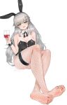  1girl absurdres alcohol animal_ears barefoot black_leotard bunny_girl bunnysuit character_request copyright_name copyright_request cup dokomon drinking_glass feet green_eyes highres leotard long_hair looking_at_viewer panda rabbit_ears silver_hair soles strapless strapless_leotard toes wine wine_glass 