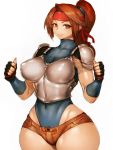  1girl armor blue_gloves blue_leotard boobplate breastplate breasts brown_hair final_fantasy final_fantasy_vii fumio_(rsqkr) gloves hairband headband highres jessie_(ff7) large_breasts leotard lips long_hair looking_at_viewer ponytail red_headband short_shorts shorts simple_background smile solo thumbs_up white_background wide_hips 