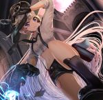  1girl arm_up azur_lane bangs belt_pouch black_footwear black_gloves black_hair black_headwear black_neckwear black_shorts boots buttons collared_shirt commentary_request cowboy_shot crop_top cross-laced_footwear cuffs dutch_angle electricity eyebrows_behind_hair gloves gun hair_between_eyes hand_on_own_head handcuffs hat highres holding holding_gun holding_handcuffs holding_weapon id_card knee_boots lace-up_boots long_hair looking_at_viewer low_ponytail midriff minsk_(azur_lane) minsk_(thunderous_jailor)_(azur_lane) multicolored_hair navel necktie parted_lips peaked_cap pink_sky pouch prison sei_(saya_sea) shirt short_shorts shorts sidelocks sleeve_cuffs smile solo standing standing_on_one_leg streaked_hair suspender_shorts suspenders taser very_long_hair violet_eyes weapon white_hair white_shirt 