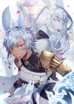  2girls animal_ears armor armored_dress bare_shoulders dark_skin final_fantasy final_fantasy_xiv grey_skin lipstick long_hair makeup multiple_girls panon_14 purple_lips rabbit_ears red_eyes red_lips short_hair silver_hair viera violet_eyes wavy_hair 