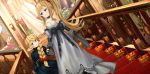  2girls black_bow black_dress black_gloves blonde_hair blue_eyes blush bow braid breasts cagliostro_(granblue_fantasy) charlotta_fenia closed_mouth commentary_request crown dress dutch_angle elbow_gloves eye_contact gloves granblue_fantasy grey_dress hair_bow hair_over_shoulder harvin holding_hands indoors juliet_sleeves long_hair long_sleeves looking_at_another mini_crown multiple_girls o_(rakkasei) ponytail puffy_sleeves railing red_bow single_braid small_breasts smile stairs strapless strapless_dress very_long_hair 