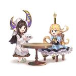  2girls :d ankle_socks apron armored_boots arulumaya asymmetrical_horns bangs black_hair blonde_hair blue_dress blue_eyes blush boots brown_eyes chair charlotta_fenia commentary_request crown dress food granblue_fantasy grey_footwear harvin head_scarf holding holding_plate horns kappougi long_hair lowres mini_crown multiple_girls o_(rakkasei) on_chair onigiri open_mouth parted_bangs plate pointy_ears puffy_short_sleeves puffy_sleeves shadow shoe_soles short_sleeves sitting slippers smile table very_long_hair white_apron white_background white_legwear 
