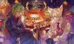  animal_ears bangs blonde_hair formal gloves granblue_fantasy green_hair long_hair looking_at_viewer muon_(granblue_fantasy) necktie official_art one_eye_covered sitting smile suit 