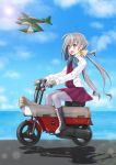  1girl absurdres ahoge aircraft airplane blue_sky boots bow bowtie clouds commentary_request cross-laced_footwear day driving e16a_zuiun full_body grey_eyes grey_hair grey_legwear ground_vehicle hair_between_eyes hair_bun halterneck highres honda_motocompo horizon kantai_collection kiyoshimo_(kantai_collection) lace-up_boots lens_flare long_hair low_twintails minibike motocompo motor_vehicle motorcycle ocean outdoors pantyhose riding shirt sky skypixter solo twintails very_long_hair white_shirt 