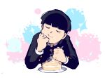  1boy black_hair bowl_cut cake cecil closed_eyes eating food fork gakuran hand_up holding holding_fork kageyama_shigeo long_sleeves mob_psycho_100 plate school_uniform solo upper_body 