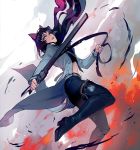  1girl animal_ears black_hair black_pants blake_belladonna boots cat_ears highres kama_(weapon) katana long_hair midriff navel pants ribbon rwby sarah_stone sickle sword thigh-highs thigh_boots weapon yellow_eyes 