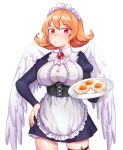  1girl aesice apron bangs black_dress blush breasts contrapposto corset cowboy_shot dress eyebrows_visible_through_hair feathered_wings flipped_hair frilled_apron frills gem hair_between_eyes hand_on_hip harpy highres ishuzoku_reviewers large_breasts long_sleeves looking_at_viewer maid_headdress meidri monster_girl nose_blush orange_hair puffy_long_sleeves puffy_sleeves red_eyes short_hair simple_background solo thigh_strap white_apron white_background wings 