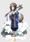  1girl :3 animal_ears axe bell black_pants brown_hair closed_mouth commentary_request dog_ears dog_girl dog_tail ear_piercing full_body green_eyes grey_background hand_in_pocket high-waist_pants highres holding holding_axe jingle_bell long_sleeves looking_at_viewer natori_youkai off_shoulder open_clothes original pants piercing puffy_pants sidelocks simple_background socks solo standing tail traditional_clothes translation_request white_legwear wide_sleeves 