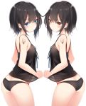  2girls ass bangs bare_arms bare_legs bare_shoulders black_hair black_panties black_ribbon blush breasts chemise closed_mouth eyebrows_visible_through_hair highres looking_at_viewer multiple_girls orange_eyes original otokuyou panties profile ribbon short_hair shoulder_tattoo simple_background small_breasts tattoo underwear white_background 