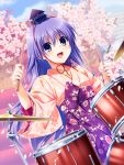  1girl angel_beats! card_(medium) cherry_blossoms commentary_request cymbals drum drum_set drumsticks floral_print hakama hat highres hinamatsuri instrument irie_(angel_beats!) japanese_clothes kimono long_hair pink_kimono print_hakama purple_hair purple_hakama satomi_yoshitaka solo tree violet_eyes 