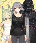  1boy 2girls ^_^ animal_ear_fluff animal_ears arknights bangs bare_arms bare_shoulders black_gloves black_jacket black_shirt blush breasts camisole cheek_pull closed_eyes confetti doctor_(arknights) eyebrows_visible_through_hair fork gloves grani_(arknights) green_hair grey_hair grey_pants grey_shirt grin hair_between_eyes hand_on_hip holding holding_fork hood hood_up hooded_jacket jacket jakoujika large_breasts long_hair long_sleeves multiple_girls pants parted_lips pointing red_eyes shirt short_shorts shorts simple_background skadi_(arknights) smile streamers thumbs_up very_long_hair white_camisole white_shorts yellow_background 