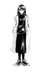  1girl bag bangs blush bob_cut closed_mouth coat dress full_body glasses greyscale hands_in_pockets highres long_sleeves looking_at_viewer medium_hair monochrome nikaidou_kou open_clothes open_coat original shoes shoulder_bag simple_background sneakers socks solo standing swept_bangs white_background 