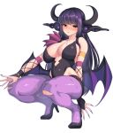  1girl absurdres bare_shoulders blush breasts commission copyright_request demon_girl demon_horns demon_wings fingernails gloves highres horns kagi_f large_breasts long_fingernails long_hair open_mouth pantyhose parted_lips purple_hair simple_background smile solo squatting succubus violet_eyes white_background wings 