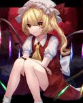  1girl arm_rest bangs blonde_hair bobby_socks clouds cloudy_sky cravat expressionless eyebrows_visible_through_hair feet_out_of_frame flandre_scarlet hair_between_eyes hat highres knees_together_feet_apart looking_at_viewer mob_cap moon mozuno_(mozya_7) night one_side_up outdoors puffy_short_sleeves puffy_sleeves red_eyes red_moon red_skirt red_vest shirt short_hair short_sleeves sitting skirt sky socks solo touhou vest white_headwear white_legwear white_shirt wings yellow_neckwear 