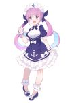  1girl :d anchor anchor_symbol blue_dress blue_footwear blue_hair blue_ribbon bow braid breasts dress frilled_dress frills full_body hair_ribbon hololive leilin long_hair maid_headdress medium_breasts minato_aqua multicolored_hair no_shoes open_mouth puffy_short_sleeves puffy_sleeves purple_hair ribbon ringlets shoes short_sleeves simple_background smile solo standing twintails two-tone_hair very_long_hair violet_eyes virtual_youtuber white_background white_bow wrist_cuffs 