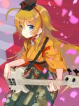  1girl angel_beats! bass_guitar blonde_hair blue_eyes cherry_blossoms commentary_request green_hakama hakama hat highres instrument japanese_clothes kimono long_hair looking_at_viewer miyoshino orange_kimono petals print_hakama red_carpet sekine solo tokin_hat 