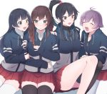  4girls :d ^_^ ^o^ agano_(kantai_collection) antenna_hair black_hair black_legwear black_sweater blush braid breasts brown_eyes brown_hair closed_eyes collared_shirt facing_another green_eyes jersey kantai_collection large_breasts long_hair looking_at_another multiple_girls noshiro_(kantai_collection) open_mouth pleated_skirt ponytail purple_hair red_skirt sakawa_(kantai_collection) shirt short_hair simple_background single_thighhigh sitting skirt smile sweater thigh-highs totto_(naka) turtleneck turtleneck_sweater twin_braids white_background white_legwear white_shirt white_sweater yahagi_(kantai_collection) 