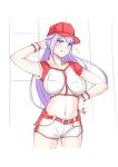  :q absurdres azurcentauri baseball_cap baseball_uniform belt blue_eyes blush breasts buttons cowboy_shot crop_top derivative_work hand_on_hip hat highres large_breasts long_hair looking_at_viewer midriff navel original purple_hair red_belt red_headwear reference_photo_request short_shorts short_sleeves shorts smile sportswear tongue tongue_out very_long_hair white_shorts wristband 