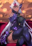  1girl absurdres android bangs bare_shoulders blue_eyes blurry blurry_background breasts closed_mouth couch crossed_legs dark_skin dress elbow_gloves glasses gloves hand_on_own_chin headgear highres large_breasts lips long_hair looking_at_viewer negresco shiny shiny_clothes shiny_hair shiny_skin short_dress silver_hair sitting sleeveless smile solo t-elos t-elos_re thigh-highs turtleneck xenoblade_(series) xenoblade_2 xenosaga xenosaga_episode_iii 