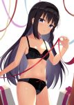  1girl akemi_homura bangs bare_arms bare_shoulders black_hair blush box breasts collarbone cowboy_shot eyebrows_visible_through_hair gift gift_box highres holding kkkk12103 long_hair looking_at_viewer mahou_shoujo_madoka_magica navel parted_lips red_ribbon ribbon ribbon_bra ribbon_panties simple_background small_breasts solo stomach thighs underwear underwear_only very_long_hair violet_eyes white_background 