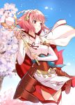  1girl armored_skirt breasts brown_eyes capelet cherry_blossoms cowboy_shot day elbow_gloves fire_emblem fire_emblem_fates gloves gohei hairband highres japanese_clothes medium_breasts misu_kasumi nontraditional_miko outdoors petals pink_hair sakura_(fire_emblem) short_hair smile solo staff thigh-highs thighs white_gloves white_legwear wind 