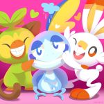  ^_^ closed_eyes commentary creature english_commentary full_body gen_8_pokemon grin grookey happy monkey no_humans one_eye_closed pokemon pokemon_(creature) purple_background rabbit scorbunny shadow simple_background smile sobble standing tumblr_username versiris 