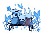  1boy 1girl 1other bench blue_butterfly bug butterfly cloak commentary full_body glowing grey_cloak hollow_eyes hollow_knight hornet_(hollow_knight) horns insect knight_(hollow_knight) mask no_humans quirrel red_cloak resting simple_background sitting ugly_cat weapon white_background 