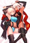  2girls absurdres ahoge arm_guards armpits arms_up bangs bare_shoulders black_bow black_legwear black_scarf black_swimsuit blonde_hair blue_swimsuit blush bow breasts cleavage_cutout dark_skin detached_sleeves fanbox_reward fate/grand_order fate_(series) grey_eyes hair_between_eyes hair_bow half_updo highleg highleg_swimsuit highres huge_filesize koha-ace large_breasts legs looking_at_viewer multiple_girls okita_souji_(alter)_(fate) okita_souji_(fate) okita_souji_(fate)_(all) one-piece_swimsuit open_mouth paid_reward parted_lips red_scarf red_swimsuit scarf short_hair smile swimsuit tassel thigh_strap thighs tied_hair two-tone_swimsuit ulrich_(tagaragakuin) white_hair yellow_eyes 
