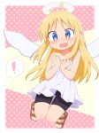  ! 1other absurdres angel_wings artist_request bangs blonde_hair blue_eyes blush broken_halo clenched_hands commentary_request crimvael halo hermaphrodite highres ishuzoku_reviewers long_hair open_mouth polka_dot polka_dot_background solo speech_bubble sweatdrop wings 