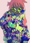  1girl absurdres bandaid bangs dark_skin earrings fishnet_legwear fishnets green-tinted_eyewear green_nails highres jacket jewelry long_hair long_sleeves looking_at_viewer matumot original parted_lips pink_hair print_jacket solo upper_body w 