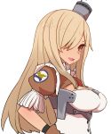  1girl :d azur_lane blonde_hair breasts brown_eyes brown_gloves cleavage_cutout gloves hair_ornament hair_over_one_eye hand_on_hip long_hair medium_breasts nevada_(azur_lane) open_mouth puffy_short_sleeves puffy_sleeves short_sleeves simple_background smile solo sumiyao_(amam) upper_body white_background 