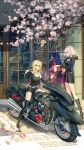  2girls artoria_pendragon_(all) blonde_hair boots fantasyxing fate/grand_order fate_(series) ground_vehicle highres jeanne_d&#039;arc_(alter)_(fate) jeanne_d&#039;arc_(fate)_(all) long_hair motor_vehicle motorcycle multiple_girls saber_alter short_hair thigh-highs thigh_boots yellow_eyes 