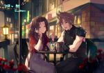  1boy 1girl :d ^_^ aerith_gainsborough artist_request belt blonde_hair brown_hair chair closed_eyes cloud_strife commentary_request cup dating drinking_straw final_fantasy final_fantasy_vii flower gloves lamppost long_hair open_mouth rose shoulder_armor sitting sleeveless sleeveless_turtleneck smile spiky_hair table turtleneck 