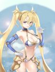  1girl bangs bare_shoulders blonde_hair blue_eyes bradamante_(fate/grand_order) braid breasts collarbone commentary_request elbow_gloves fate/grand_order fate_(series) french_braid gloves hair_between_eyes highres large_breasts long_hair looking_at_viewer navel nayamer solo twintails very_long_hair 