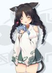  1girl :3 :d ^_^ anchor_hair_ornament animal_ear_fluff animal_ears asashio_(azur_lane) azur_lane bangs bell bell_choker black_hair blush braid breasts cat_ears cat_girl cat_tail character_doll choker closed_eyes commentary_request crown_braid detached_sleeves doll eyebrows_visible_through_hair green_skirt hair_ornament heart holding holding_doll japanese_clothes jingle_bell kimono large_breasts long_hair long_sleeves low_twintails nekono_rin ooshio_(azur_lane) open_mouth parted_bangs pleated_skirt red_choker skindentation skirt sleeveless sleeveless_kimono sleeves_past_wrists smile solo tail thigh-highs twin_braids twintails very_long_hair white_kimono white_legwear white_sleeves wide_sleeves 