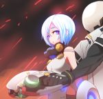  1boy 1girl bangs bare_shoulders blue_eyes blue_hair blurry blurry_foreground bodysuit breasts commentary_request depth_of_field eyeshadow hair_between_eyes helmet highres looking_at_viewer makeup no_nose overturn short_hair small_breasts sumiyao_(amam) 