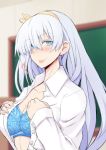  1girl anastasia_(fate/grand_order) blue_bra blue_eyes blurry blurry_background bra breasts chalkboard fate/grand_order fate_(series) hairband long_hair nahu open_clothes open_shirt shirt silver_hair tongue tongue_out underwear white_shirt 
