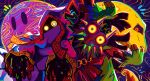 crossover glowing glowing_eyes homriette hood hyness kirby:_star_allies kirby_(series) looking_at_viewer mask moon_(majora&#039;s_mask) pose skull_kid the_legend_of_zelda the_legend_of_zelda:_majora&#039;s_mask void_soul wide-eyed yellow_sclera