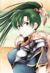  1girl armor breasts cape earrings feathers fire_emblem fur_cape green_eyes green_hair hair_between_eyes hair_feathers highres jewelry long_hair looking_at_viewer lyn_(fire_emblem) medium_breasts ponytail shirokuroma_29 solo twitter_username upper_body wind wind_lift 