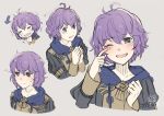  1girl ahoge bernadetta_von_varley blush crying fire_emblem fire_emblem:_three_houses garreg_mach_monastery_uniform grey_background grey_eyes hood purple_hair signature smile streaming_tears tears wiping_tears yukimiyuki 