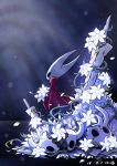  1girl absurdres cloak commentary crack cracked_mask flower highres holding holding_flower hollow_eyes hollow_knight hornet_(hollow_knight) nail petals red_cloak solo standing ugly_cat weapon white_flower 