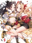  2girls absurdres ahoge anklet arm_up bangs bare_shoulders belt black_bow black_dress black_hair black_legwear black_shorts blonde_hair bow breasts closed_mouth crop_top dress earrings ereshkigal_(fate/grand_order) fate/grand_order fate_(series) floating_hair fur_trim gold_trim groin hair_bow highleg highres hoop_earrings ishtar_(fate)_(all) ishtar_(fate/grand_order) jacket jewelry large_breasts long_hair looking_at_viewer midriff mismatched_legwear multiple_girls navel off_shoulder open_clothes open_jacket parted_bangs parted_lips pillo red_bow red_eyes red_jacket shirt shoes short_shorts shorts single_thighhigh sleeveless sleeveless_dress sleeveless_turtleneck sneakers socks stomach thigh-highs thighs tiara turtleneck turtleneck_dress white_background white_jacket white_shirt 