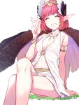  1girl alternate_hair_length alternate_hairstyle bangs bare_shoulders blush breasts circe_(fate/grand_order) commentary_request eyebrows_visible_through_hair fate/grand_order fate_(series) feathered_wings grin head_wings highres jewelry mikan_(chipstar182) navel pink_hair pointy_ears short_hair simple_background sitting skirt small_breasts smile solo v white_background white_skirt wings 