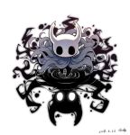  2others artist_name cloak commentary dated full_body highres hollow_eyes hollow_knight horns knight_(hollow_knight) looking_at_viewer mask multiple_others shadow simple_background standing ugly_cat weapon white_background 